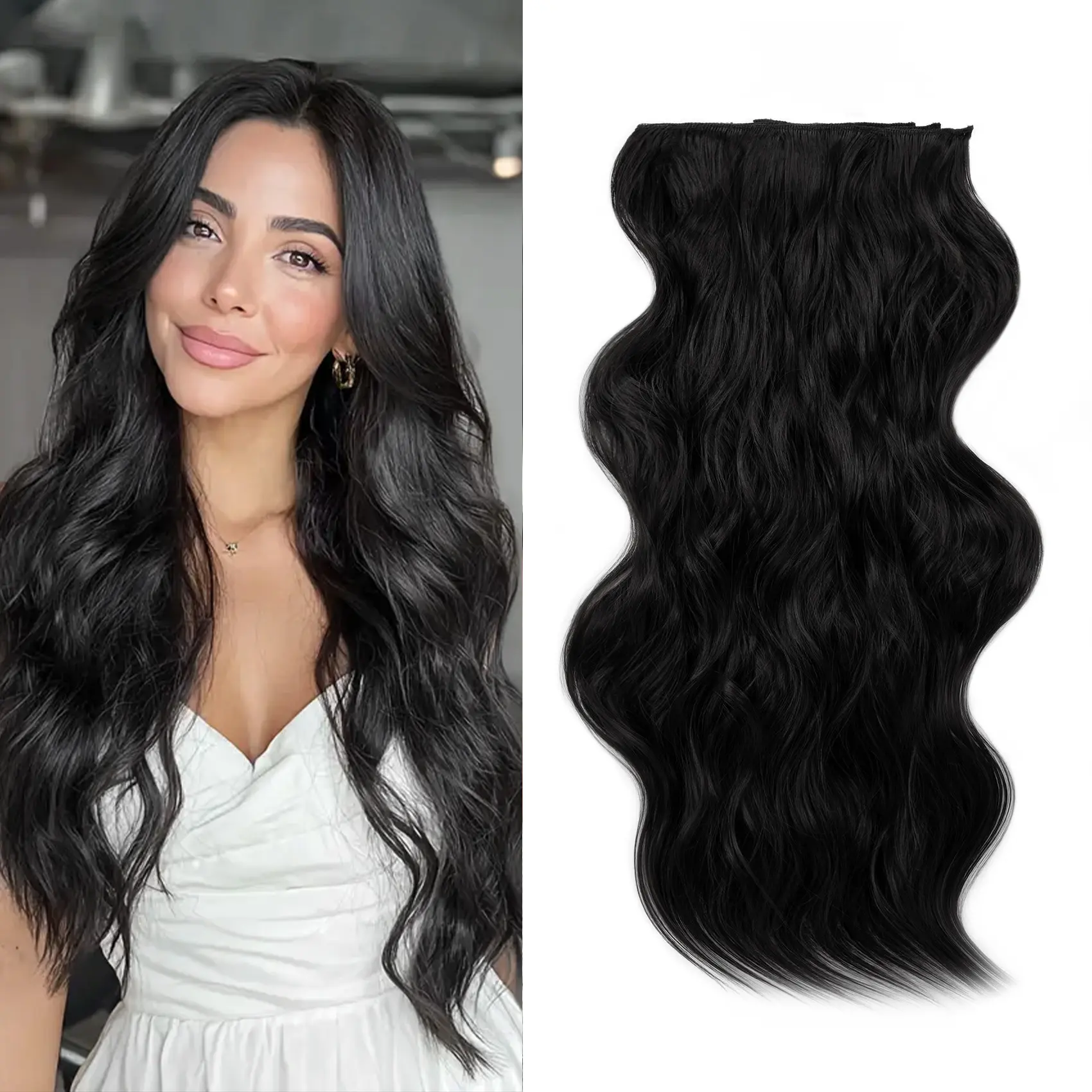 Wavy Clip-In Hair Extensions, 24 Inch Glueless Synthetic Hairpieces for Women, 4 Piece Thick Double Weft Set with Invisible Lace, Black Shades, Wavy Hair Bundle, Glueless Synthetic Hair
