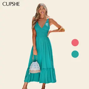 CUPSHE TikTokShopSpringGlowUp Summer Flame Coral Plunging Neckline Woven Smocked Bodice Sleeveless Maxi Dress Casual Womenswear Womensfashion