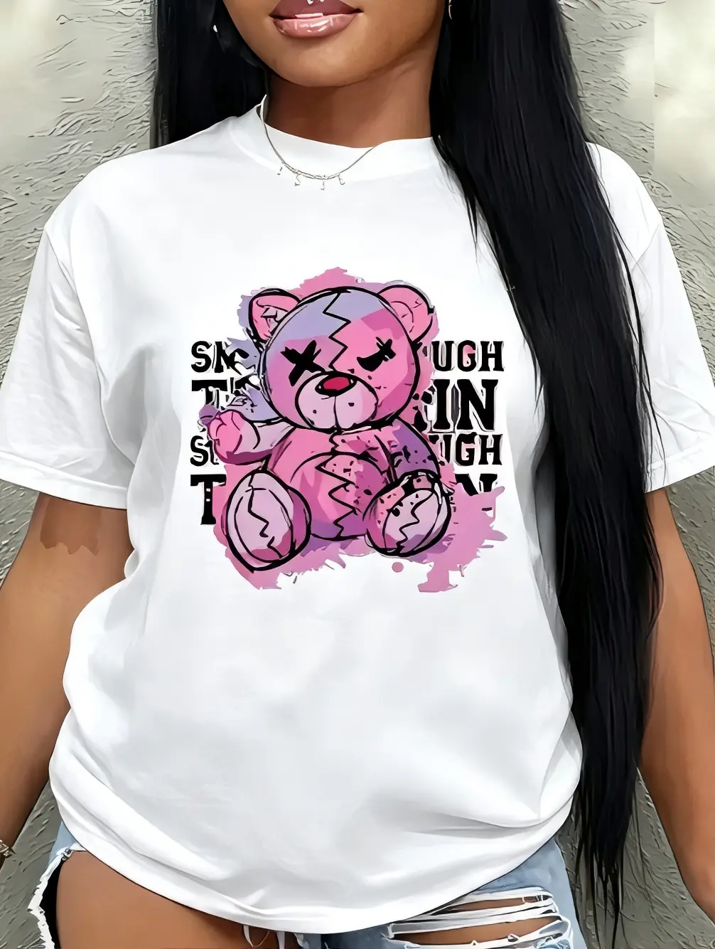 Pink Bear T-Shirt with "Smile Through" Text, Short Sleeve, Casual Style, White Color, Comfortable Fit