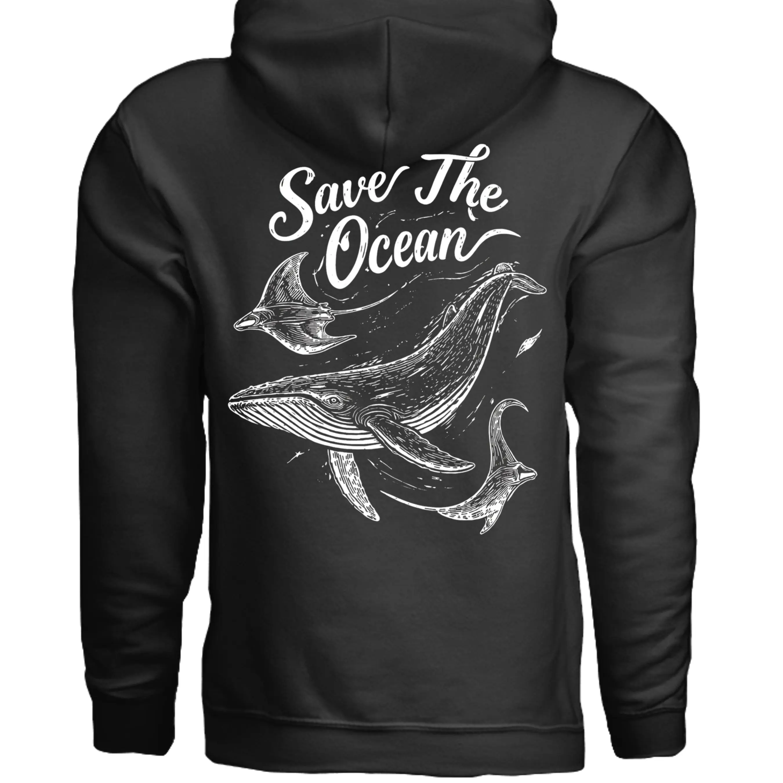 Men's Soft Cotton Stretch Spandex Yarn Hoodie - Black and White, Kangaroo Pocket, Graphics, Save the Ocean Collection, Menswear Tops Sweatshirt