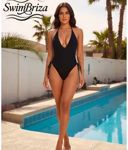 Briza｜Beach Vacation Pool Party Resort One Piece Swimsuit for Women Halter Plunge V Neck Solid Black Side Tie High Cut Summer Bathing Suit Swimwear Monokini, Women's Swimwear, Bathing Suit for Women, Halter Neck, Beach Pool Summer Vacation for Women