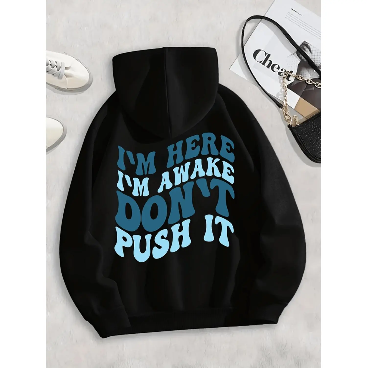 Stylish Long Sleeve Hoodie with Letter Print and Drawstring Design Featuring Cozy Kangaroo Pocket for Women