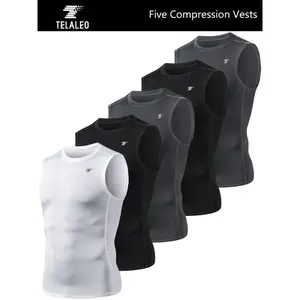 WCW 5 Pack Men's Athletic Compression Sleeveless Workout Tank Top, Running
