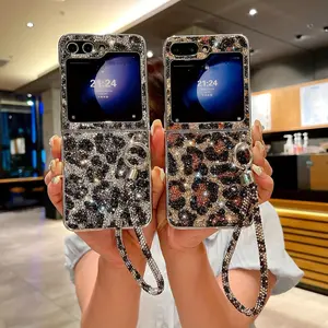 Diamond Leopard Print Foldable Smartphone Case for Samsung ZFlip3/4/5 | Black-Silver Dual Leopard Prints + Full Diamond Coverage + Matching Diamond Chain Lanyard | Shockproof Scratch-Resistant | Party Outing Sparkling Eye-Catching Style
