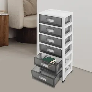 CNCEST 6-Drawer Plastic Minimalist Drawer Tower - Stackable Mobile Storage Cart with Wheels, Casters, Curved Handle, 32.8in Tall, Book Holder for Office & Bathroom Organization