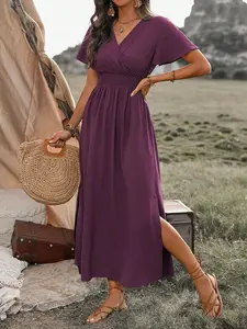 Solid Color Gathered Waist Side Split Dress