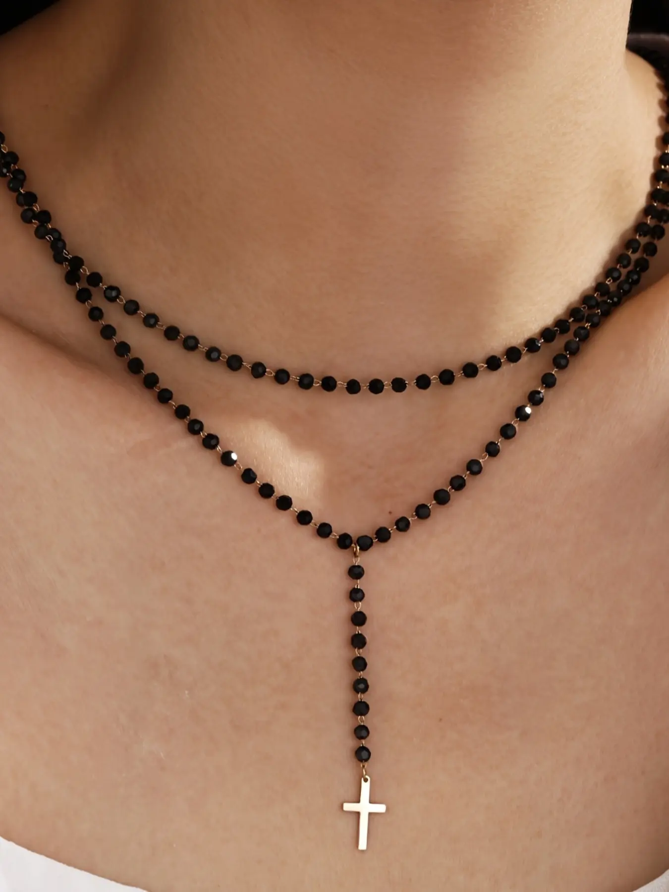 Gothic Vintage Cross Star Unique Design Pendant Necklace, Dual Layer Acrylic Crystal Beads, Women's Jewelry Accessory, Elegant Fashion, Star Shine Necklace, Beaded Pendant Necklace