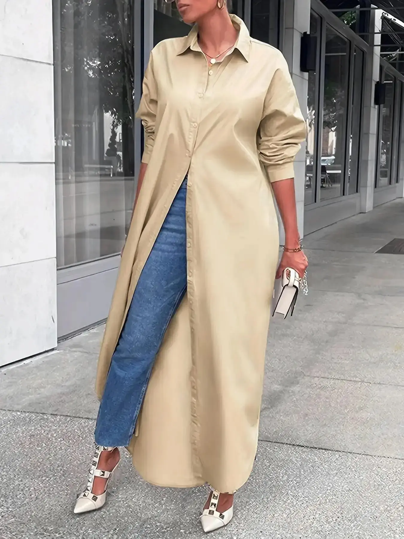 European Women's Fashion Casual Spring & Fall New Plain Shirt, Long Sleeve Button Front Loose-Fitting Top, Stylish Long Shirt for Ladies
