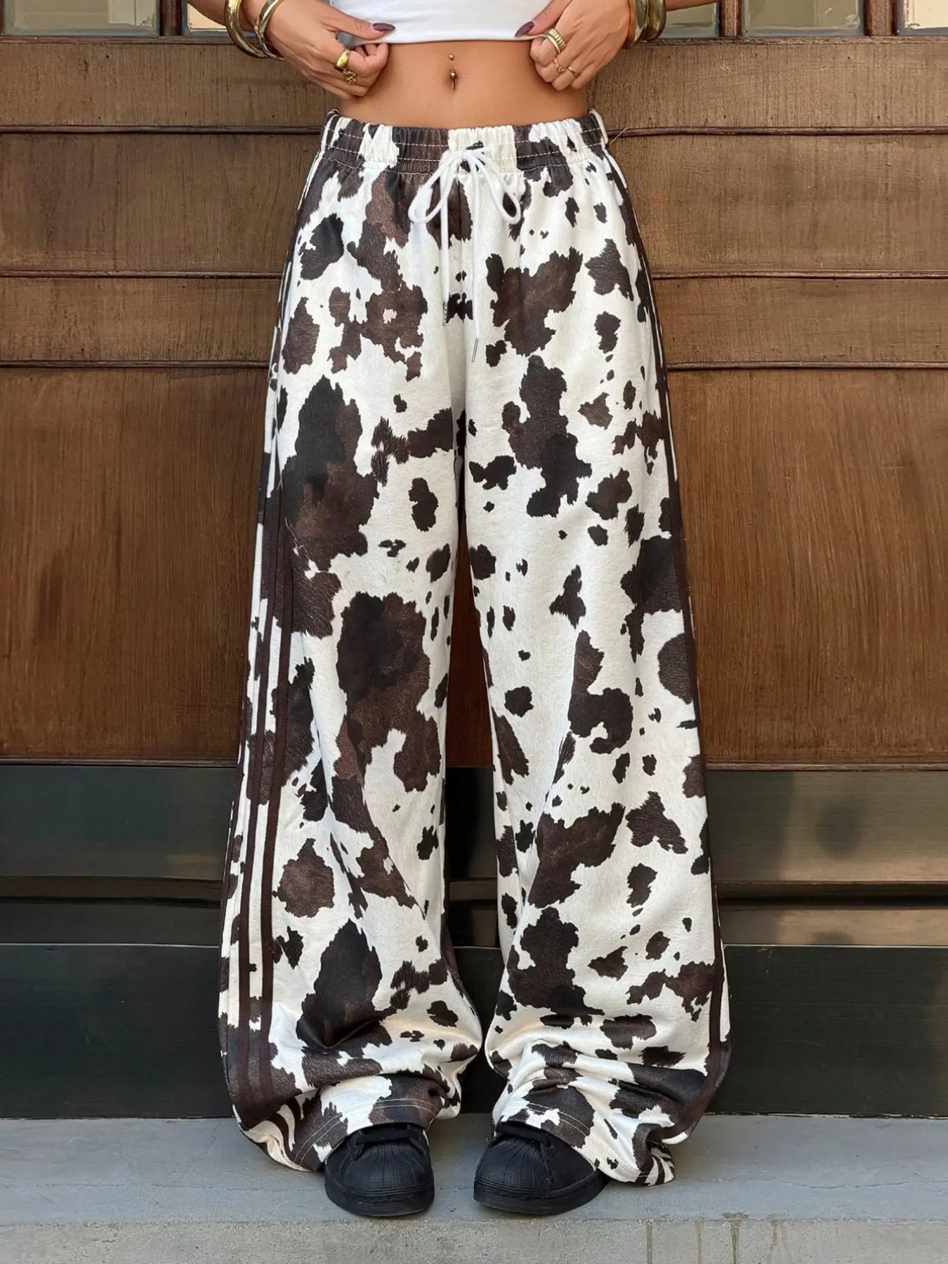Women's Casual Cow Print Drawstring Loose Baggy Wide Leg Pants, Mid Waist with Pockets, Comfortable and Fashionable, All Seasons Everyday Wear