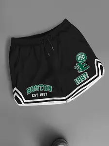Men's "Boston EST.1987" Retro Varsity Shorts - Green & White Striped Hem & Boston Sport Logo Print Black Drawstring Shorts, Boston Celtics Inspired Athletic Streetwear, Soft Breathable Mesh Loose Fit Athletic Shorts, Perfect for Game Days