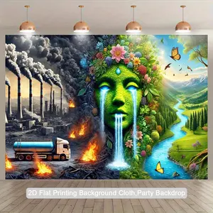2D Flat, 1pc Environmental Pollution & Protection 2D Flat Banner - Nature vs Pollution Contrast Design with Trees, Rivers & Factories - Eco-Themed Classroom, Party & Photo Studio Backdrop, 2D Flat, Jungle Background, Rainforest Backdrop, Backdrop