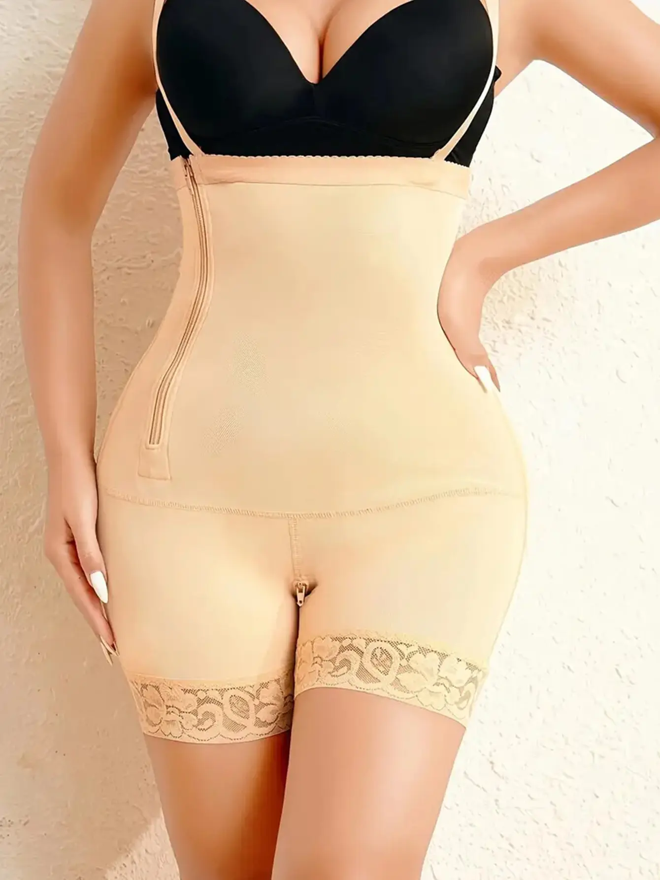 Women's Elegant Compression Waist Shaper Bodysuit - High Waist Faja with Side Zipper, Tummy Control, Butt Lift, Lace Details, Body Sculpt for Postpartum, Wedding, Office Wear
