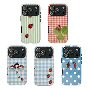 Cottagecore Ladybug Phone Case | Gingham & Stripes Aesthetic ,Compatible for iPhone 16 15 14 13 12 11 17Pro Max,for Samsung S25 S24 S23 S22 Ultra,Durable Dual-Layer design phone cover,Perfect Gift for Her