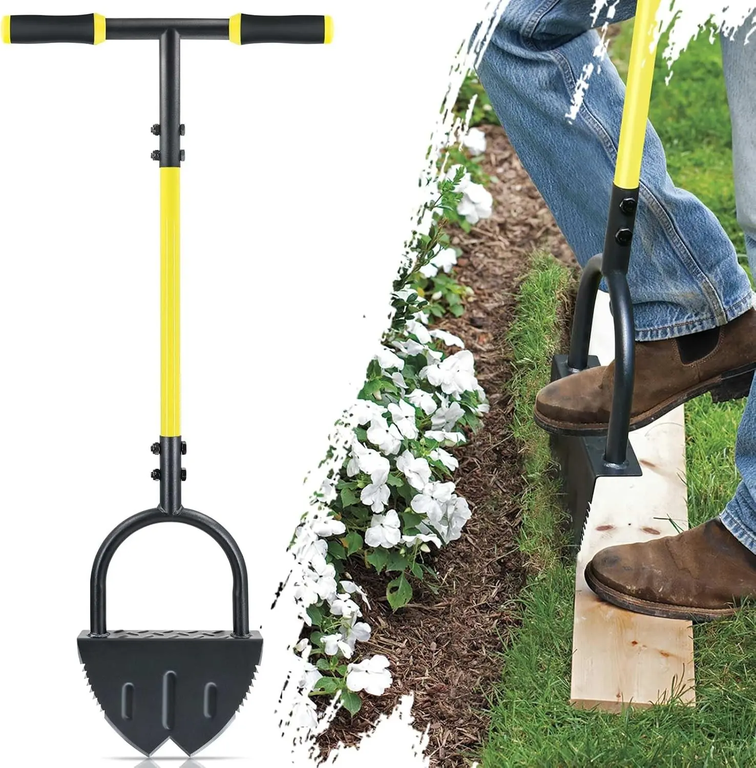 Edger Lawn Tool Manual, Manual Half Moon Edger with Double V-Shaped Serrated Edge Blade and Wider Handle, Edging Tool for Landscaping, Sidewalks, Lawn Border, Flower Bed and Yard