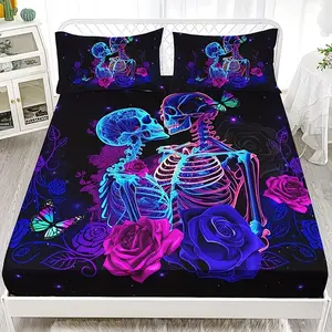 Easter Skull Pattern Bedding Set, Includes 1 Fitted Sheet and 2 Pillowcases, Polyester Material, Digital Print, All Seasons Use, Bed Sets