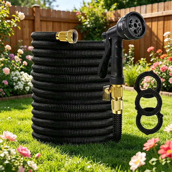 Household Multi-Pattern Spray Nozzle with 75in 3-Ply Latex Core Expandable Flexible Self-Extending Garden Hose (25ft, 100ft Options), Sturdy Durable for Garden Watering, Swimming Pool Maintenance, Car Wash