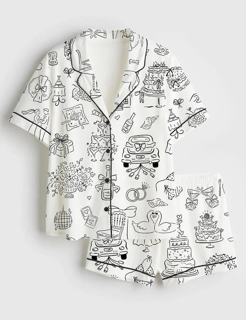 Whimsical Wedding Illustration Pajama Set, Bridal Satin Sleepwear #PersonalizedPjs #BambooPajamas #MatchingSets #VintageVibe #PajamaCore