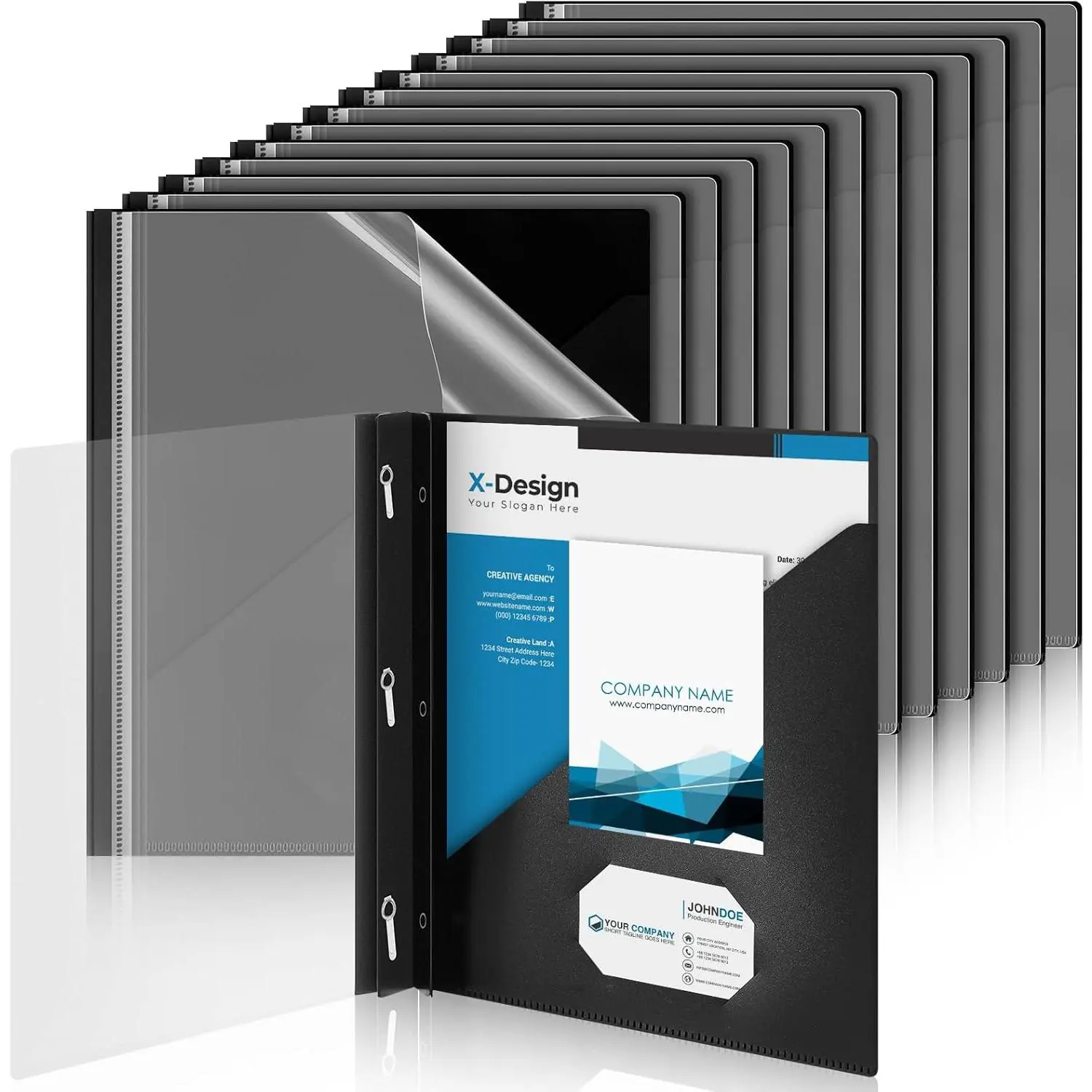 24 Pcs Clear Front Report Covers with 3 Prongs, Suitable for A4/8.5'' x 11'' Letter Size Paper, Plastic Black Bulk Presentation Folders, 90 Sheet Capacity for School Business