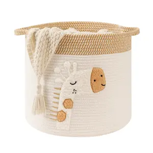 Large Woven Cotton Rope Storage Basket Blanket Basket for Living Room Decor Kids Toy Dog Toys Clothes Organizer Hamper with Embroidery Decor for Nursery Laundry (Large, Giraffe)