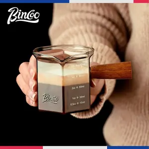 Coffee Cup Glass Cup with Scale Coffee Extraction Measuring Cup Wooden Handle Milk Cup Ounce Cup