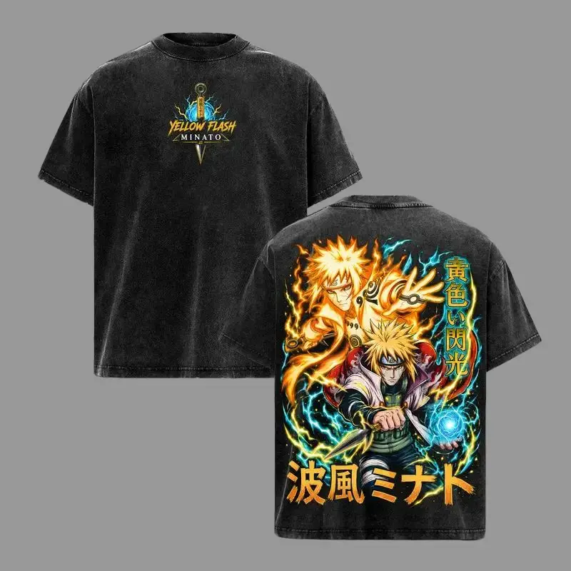 Minato Namikaze Yellow Flash Vintage Washed Naruto Anime Shirt, Fourth Hokage Flying Raijin Rasengan Manga Graphic Tee Heavyweight Cotton Streetwear Unisex Oversized Acid Wash T Shirt Crewneck Tshirt