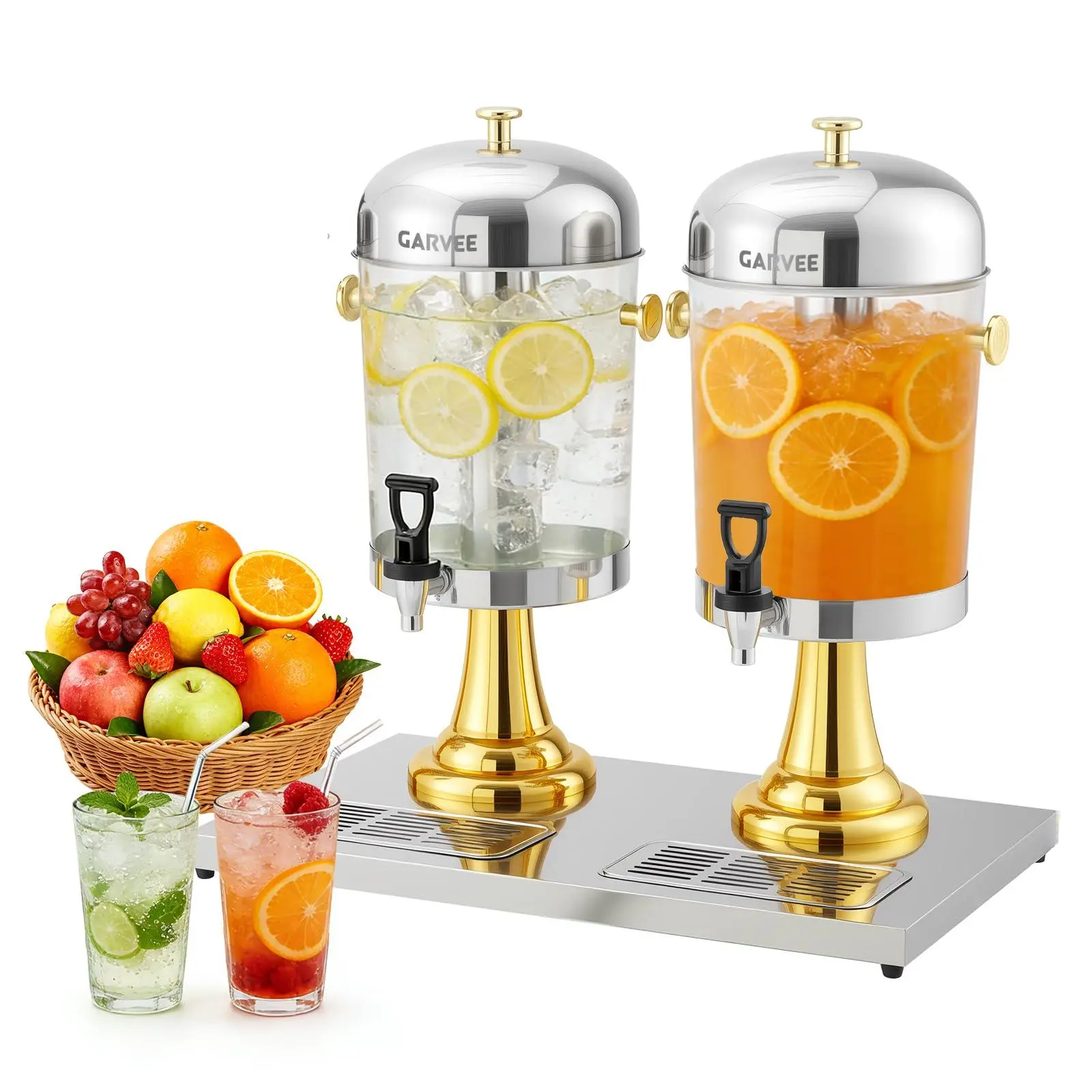 Garvee 2 x 2.2 Gallon Drink Dispenser, Large Drink Dispenser with Ice Core, Stainless Steel Beverage Dispenser with Stand for Cold Drinks for Cold Drinks, Juice, Lemonade, Iced Tea. Gold and Silver