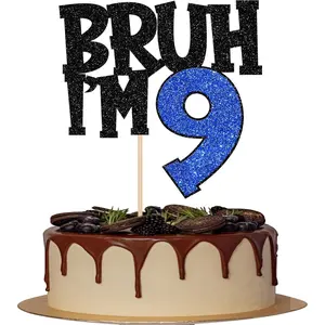 1 PCS Bruh I'm 9 Cake Topper Glitter Happy 9th Birthday Cake Pick Bro I'm 9 Cake Decoration It's My 9th Birthday Decorations for Cheers to 9 Years Old Birthday Anniversary Party Supplies Blue