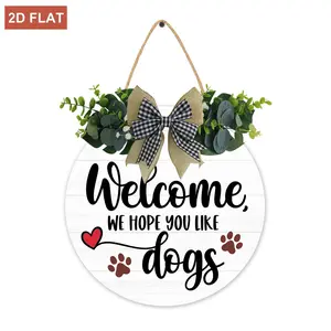 Wooden Welcome Sign for Front Door, 12 inch Dog Round Welcome Wood Sign We Hope You Like Dogs, Round Wooden Hanging Sign Housewarming Gift for Home Outdoor Indoor(Black)