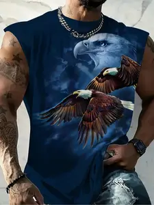 Men's Eagle Pattern Sleeveless T-Shirt, Trendy Streetwear Printed Vest, Summer Casual Sports Top, Loose-Fitting Design, All over Print