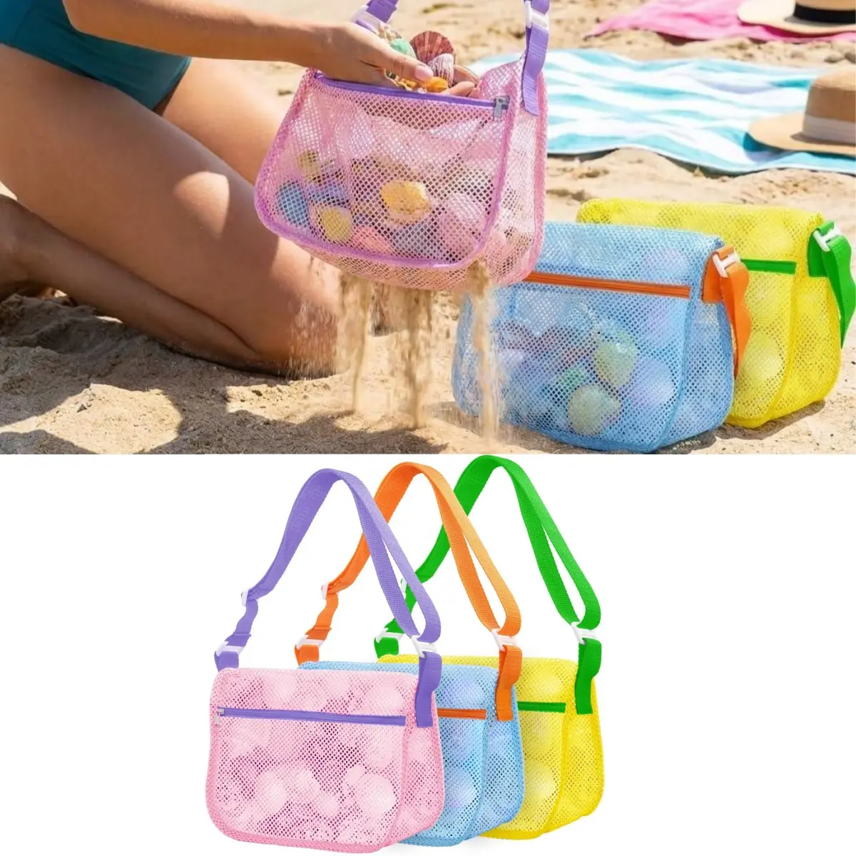 Mesh Beach Bags for Sand Toys - 3 Pack Seashell Collecting Bags with Adjustable Straps, Beach Toy Organizer & Shell Pouch for Boys Girls, Summer Beach Essentials
