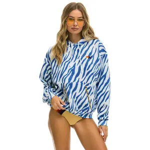 TIGER RELAXED PULLOVER HOODIE WITH ZIPPER POCKETS - BLUE TIGER