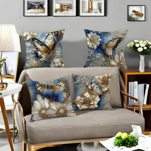 Butterfly & Flower Pattern Cushion Cover, 4 Counts Square Throw Pillow Cover, Household Decoration Supplies for Home Living Room Bedroom