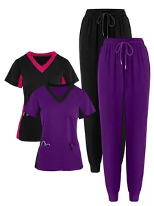 4 Piece Set Plus Size Women's Running Matte Stretch Sports Nurse Medical Uniform Scrub Workwear Pocket Drawstring Breathable Hand Washing Jacket Set in Purple & Black