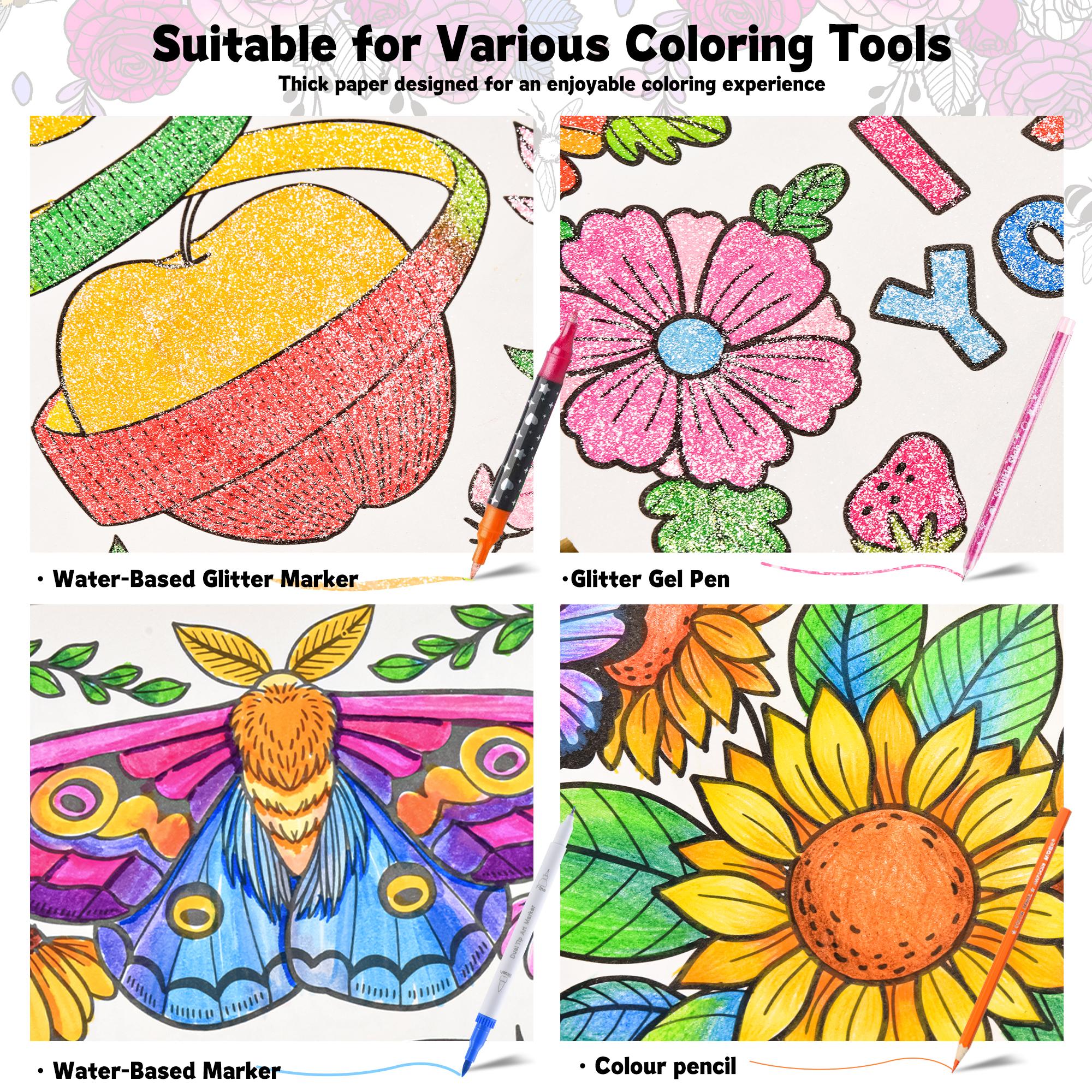 Creative Coloring Art Pages Set, Floral & Animal Designs, Relaxing Drawing Activity Kit for Adults
