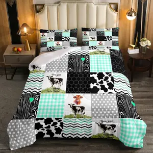 Cute Cow Print Comforter Set,Kawaii Highland Cow Bedding Set,Honeycomb Plaid Pattern Geometric Stripes Down Comforter,Cartoon Farm Animals Duvet Set