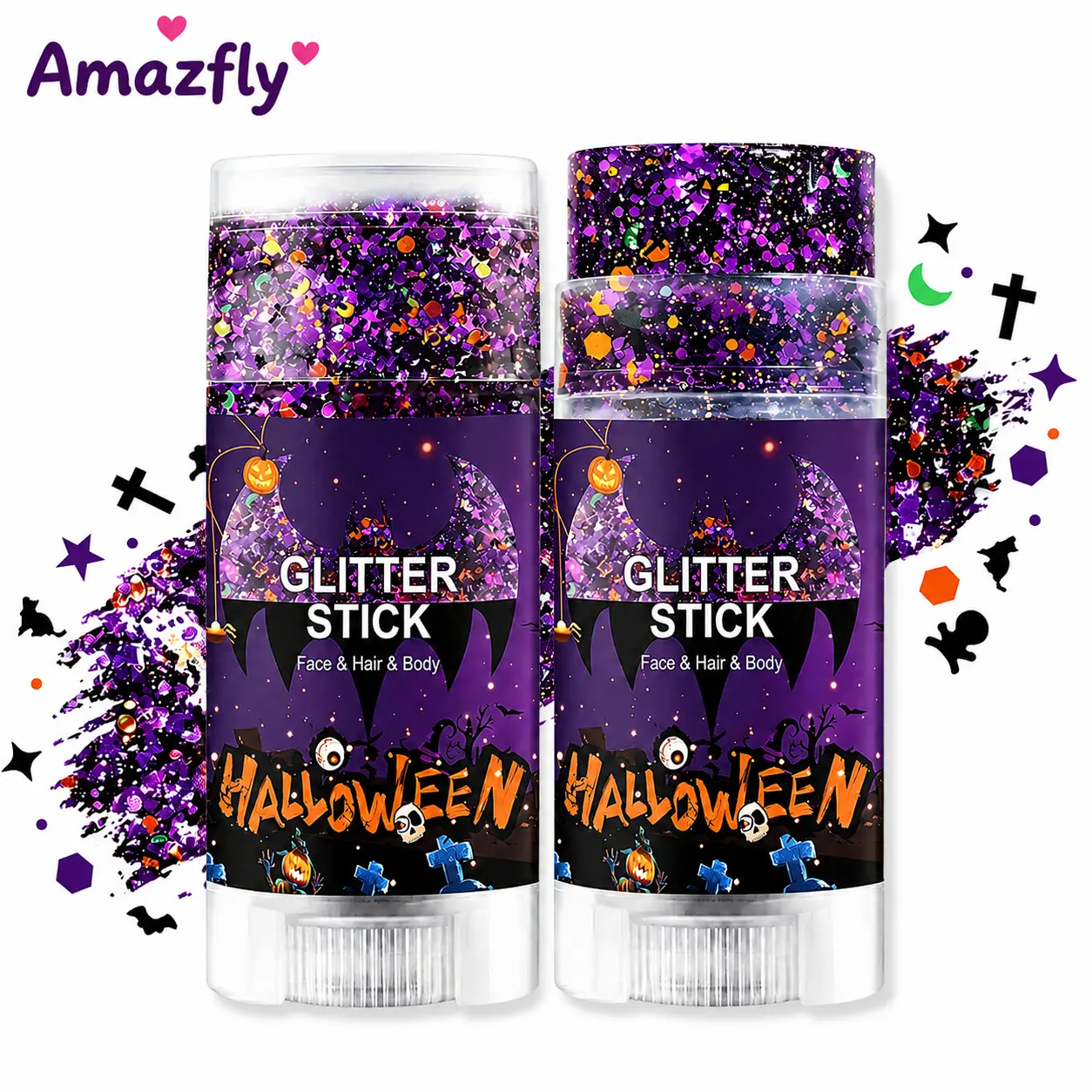 Halloween Body Glitter Stick - Mess-Free Face & Hair Chunky Glitter Gel, Waterproof Orange Purple Black Pumpkin Bat Skeleton Sequin Glitter Paint for Festival Carnival Makeup, Kids & Women