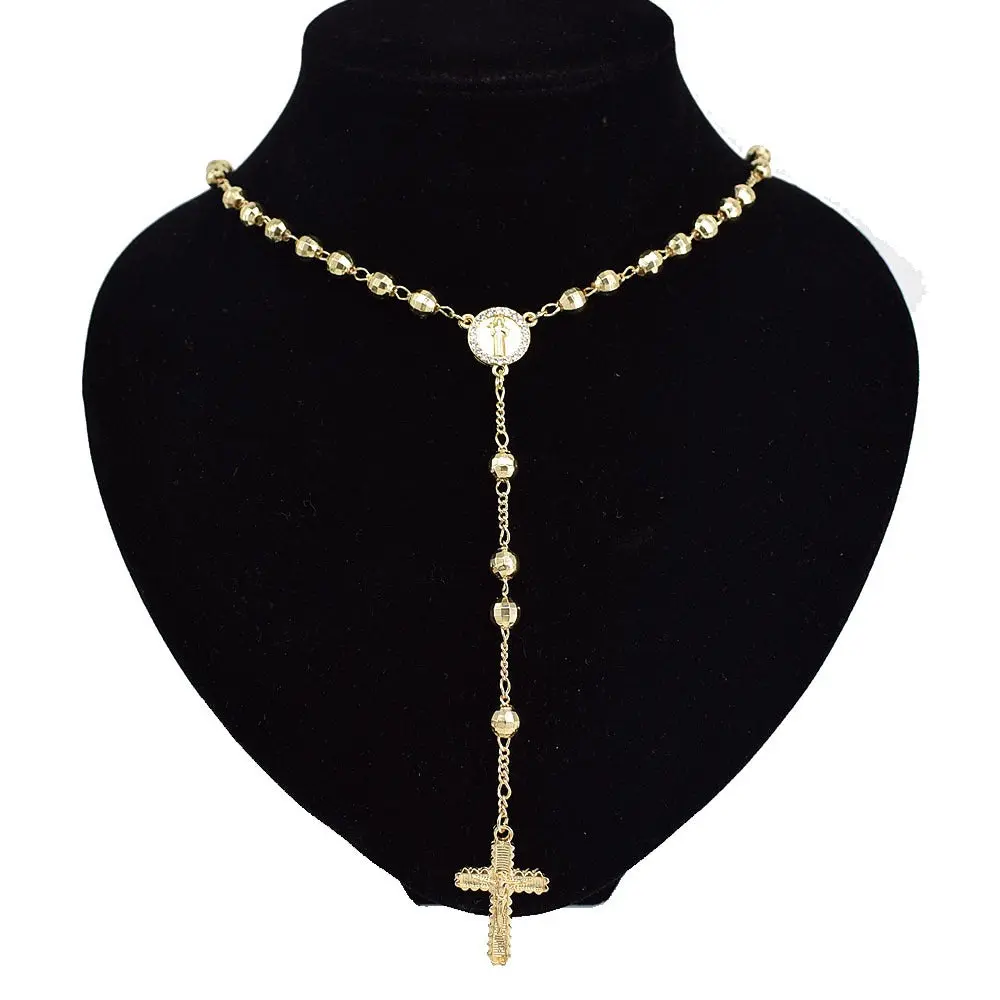 18 Karat Layered Gold-Filled Religious Rosary Necklace with Gold Cross Pendant #2, Daily Wear Costume Jewelry Necklace, Daily Wear Necklace