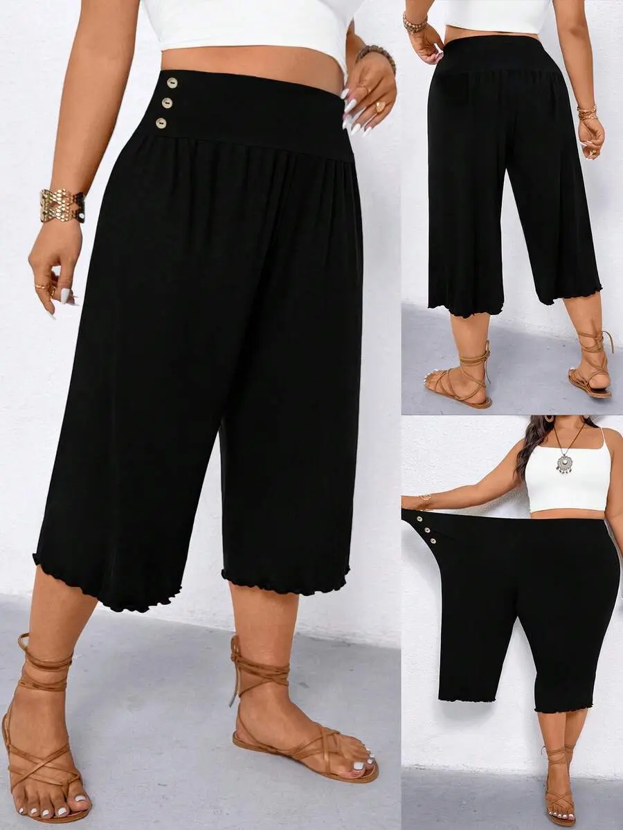 Plus Size Capri Pants - High Waist Ruffle Button Front Straight Leg for Work and Errands
