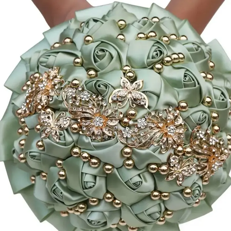 Elegant Sage Green Satin Wedding Bouquet with Gold Rhinestone Butterflies and Beads for Bridal Accessories