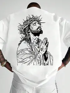Trendy Tiktok Religious Streetwear T-Shirt, Jesus Portrait & Cross Tattoo Print, Loose Fit, Faith Inspire Clothing, Urban Fashion