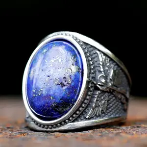 316L Stainless Steel Archangel Gabriel Shield Ring for Men, Indian Style Fashion Ring with Blue Artificial Zircon Stone