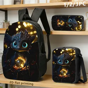 Cute Night Fury Dragon Print 3PCS Backpack Set, Glowing Magic Orb School Backpack with Lunch Box & Pencil Case, Lightweight Durable Daypack for Kids Teens, Ideal Fantasy Dragon Fans Gift