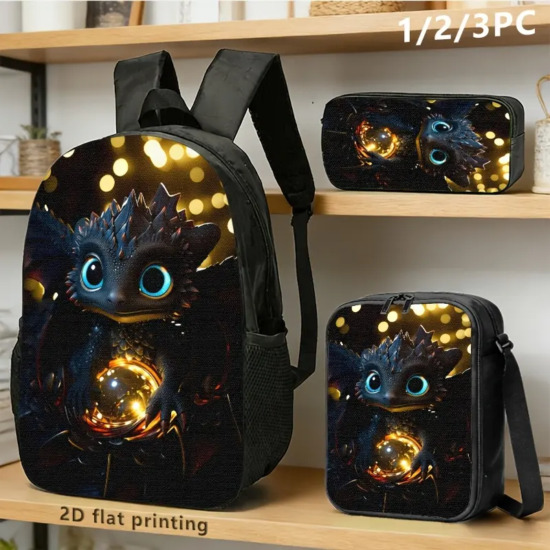 Cute Night Fury Dragon Print 3PCS Backpack Set, Glowing Magic Orb School Backpack with Lunch Box & Pencil Case, Lightweight Durable Daypack for Kids Teens, Ideal Fantasy Dragon Fans Gift