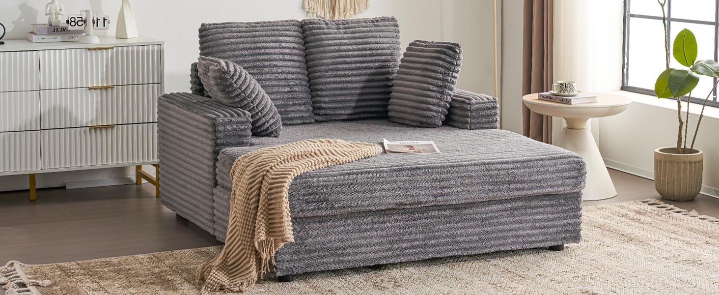 Furnimart Chaise Lounge Chair Indoor, 58 Inch Sleeper Sofa with Pillows, Fluffy Corduroy Loveseat Couch for Living Room, Comfy Oversized Reading Chair Plush