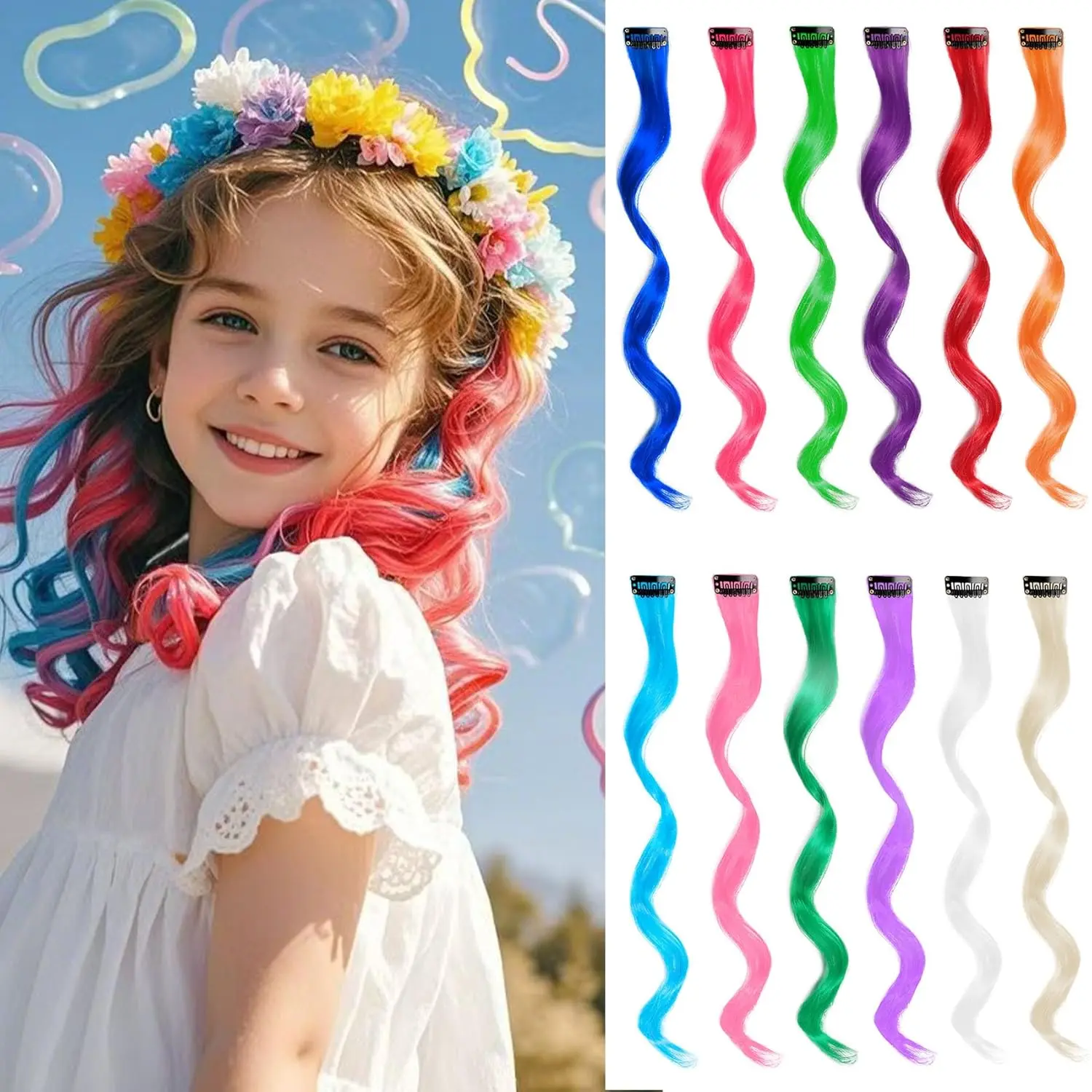 Colored Hair Extensions Clip in for  Girls Women, 16inch Curly Wavy, 12 count Rainbow