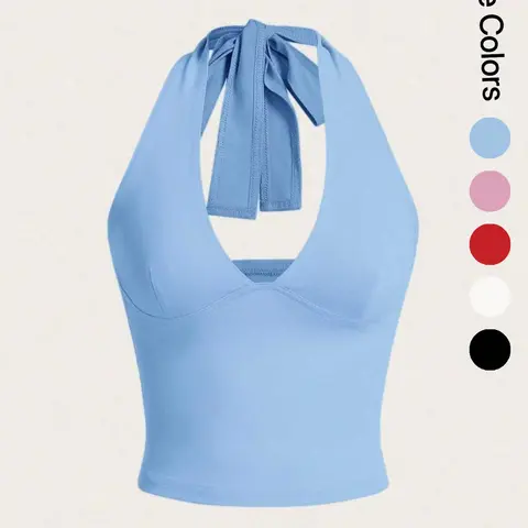 Women's Solid Knot Backless Halter Cropped Tank Top, Bowknot Tank Top, Chic Casual Deep V Neck Sleeveless Short Top for Summer, Ladies Clothes for Daily Wear, Backless Tank Tops, Womenswear
