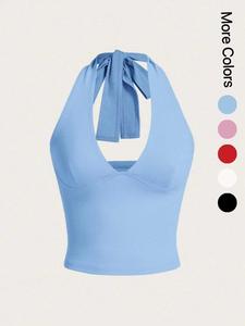 women's solid knot back halter crop tank top, casual deep v neck sleeveless top for summer, ladies backless cropped clothes for daily wear, womenswear