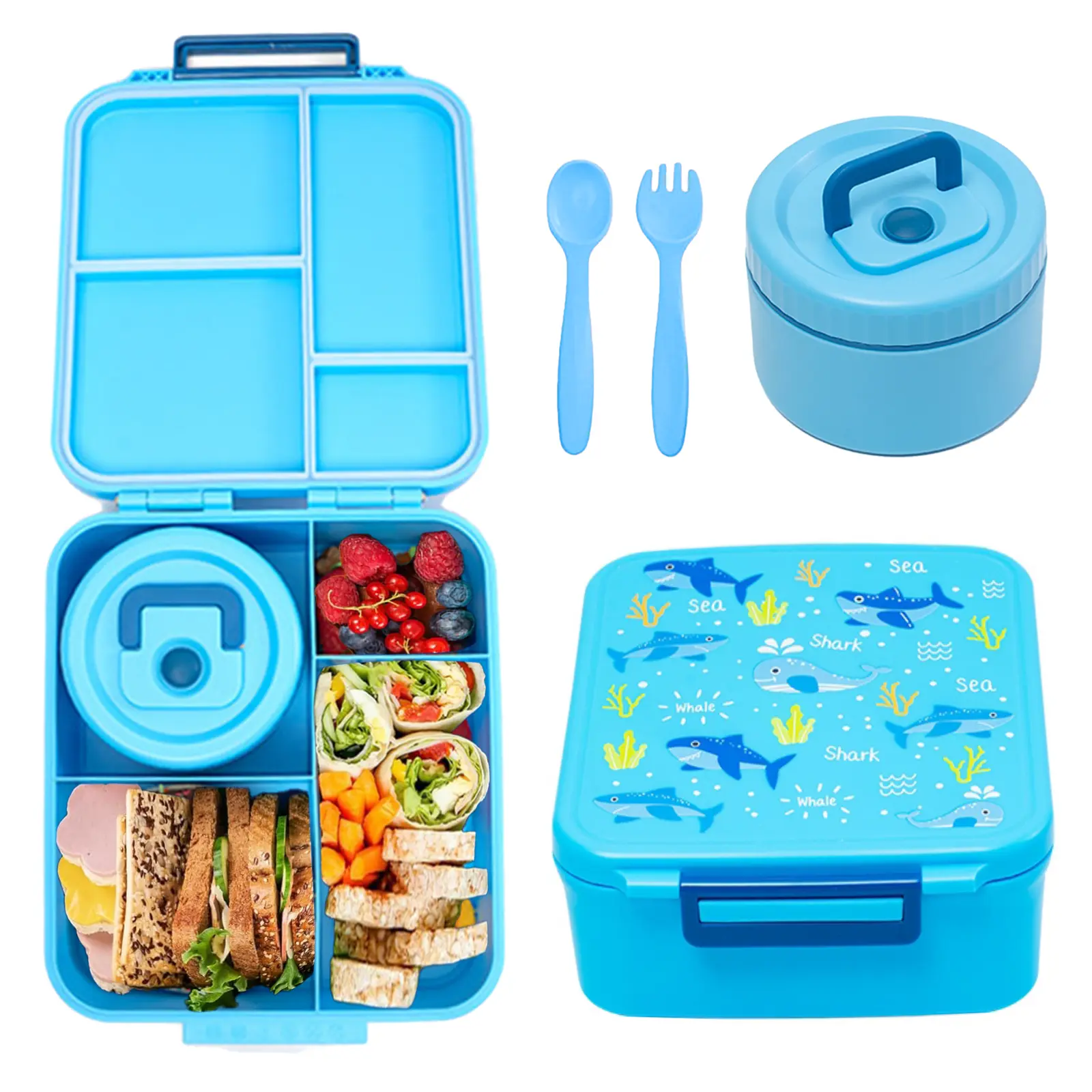 Nifogo Bento Lunch Box Set for Kids 8oz Soup Thermo 4 Compartment Insulated Hot Food Jar School Travel Gift Kitchen Accessories Blue Tin Canister Tableware Containers