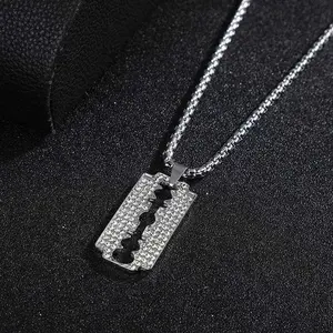 New Elegant Fashion Full Diamond Blade Design Necklace Pendant Hip Hop Trend Sweater Chain Razor Blade Necklace Imitation Diamond Necklace Creative Street Style Exquisite Millennium Style
