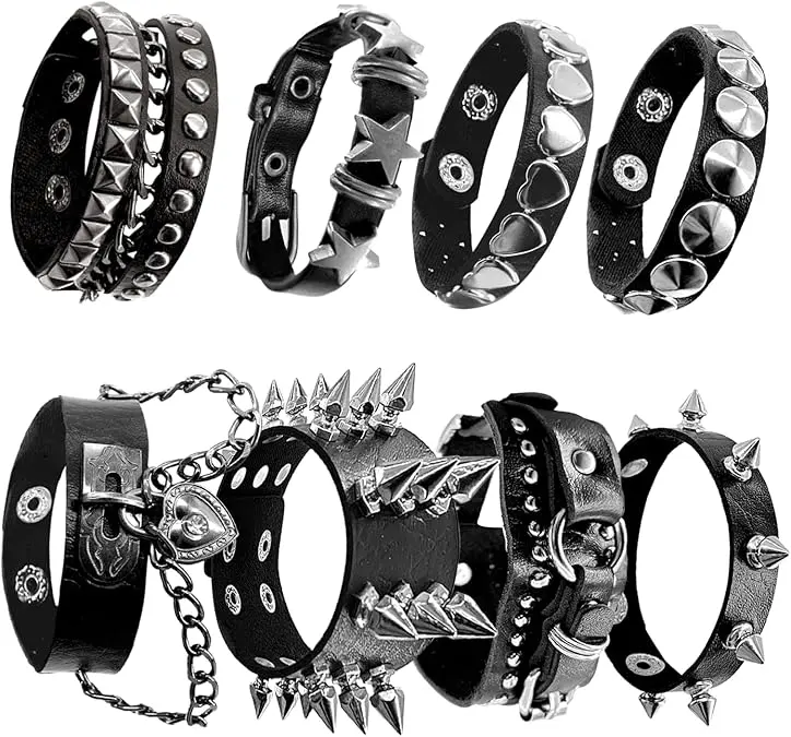8-Piece Spiked PU Leather Cuff Set, Gothic Funky Unique Accessories for Unisex Wear, Adjustable for Role Play & Halloween Parties, Scene Accessories, Adjustable Size, Mix Bracelets, Fashion Bracelet, Bracelet Wristband, Cuff Bangles Bracelets